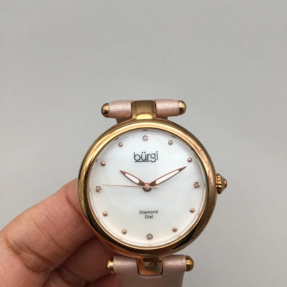 Burgi Womens Watch 35mm MOP Diamond Dial Rose Gold Tone Pink Leather New Battery